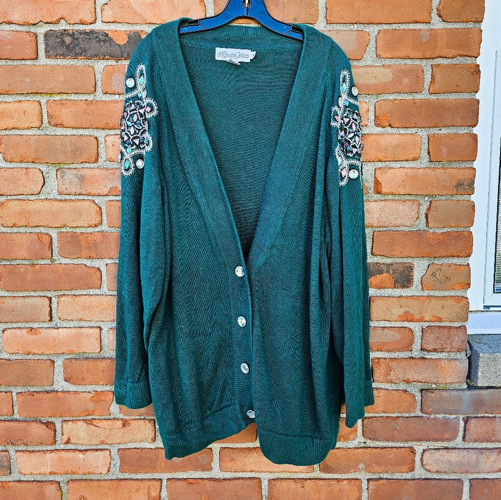 Vintage Alexa Grace Sequin Embellished Shoulder Cardigan Sweater – Green – XL